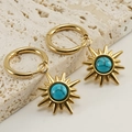 Bohemian gold stainless steel sunburst earrings with blue turquoise inlay detail - Blue Turquoise Sun Flower Style (474)