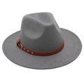 Detail of grey wool felt fedora featuring a brown leather band and gold buckle accent - One Size (57cm) / Light Gray (3 Studs)