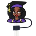 Black girl graduation themed straw cover with purple academic gown for 10mm straws - Purple Graduation Girl