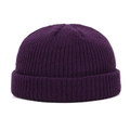 Detailed close-up of the purple knit beanie cap showing ribbed texture and rolled cuff - Purple