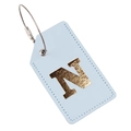 Light blue PU leather luggage tag with gold letter N and secure steel wire ring - Light Blue N