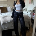 Women's vintage loose fit sequin trousers in navy blue with high waist design - S / Navy Pants