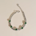 Silver Cuban chain bracelet featuring five vibrant green heart-shaped cubic zirconia stones - Silver + Green Heart (APS961)