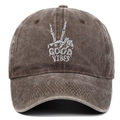 Detail of Good Vibes skull hand embroidery on washed brown cotton baseball cap - Adjustable / Coffee