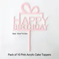 Pink acrylic Happy Birthday cake topper with gift box design, 10-piece set, 10x14.5cm - Bow Happy Birthday Style (Pink) / 10 Pcs