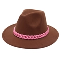 Detailed view of brown felt fedora hat featuring a stylish pink acrylic chunky chain - L(58-60cm) / Coffee