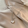 Silver heart pendant necklace with combined ball and link chain on satin - X263 Silver Heart Patchwork Chain Necklace
