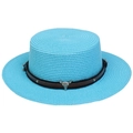 Bright blue straw boater hat featuring a brown band with bull head metal ornament - Cow Skull Studded Belt Style (298C)