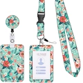 Floral retractable ID badge holder with mint green pattern and detachable lanyard - Green Flower