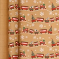 Brown kraft Christmas wrapping paper roll with festive train and tree patterns - Christmas Car