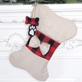 Linen bone-shaped Christmas stocking with red buffalo plaid trim and bow detail - Linen Bone Stocking