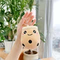 Handheld bubble tea plush keychain with smiling face and metallic clasp detail - Big Eyes/Normal Chain / Brown
