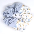 Blue satin and floral chiffon hair scrunchie with white micro pearls edging - Single Scrunchie / Blue