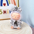 Labubu doll in grey plush hoodie and black-white checkered dress with camellia bow - Retro Chanel-style White Dress / First And Second Generation Keychains Are Compatible With La Cloth Dolls. Dolls Not Included.