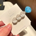 Detailed close-up of a blue glitter shell hair clip with faux pearls and petals - 2# Triple Shell - Blue