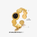 Golden stainless steel adjustable ring featuring a black round stone and hammered texture - Obsidian Style (ZN010-1)