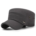 Dark grey cotton flat top army cap with metal eyelets and fashion emblem decoration - Gray