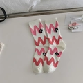 White cotton crew socks featuring pink wave patterns and black floral accents - One Size / White - Wavy Flower