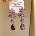 Detailed close-up of 925 silver fringe earrings with purple gradient flowers and gems - 34# Silver Earring Post - Silver - Purple