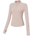 Chaqueta de fitness rosa ajustada con cremallera, mangas largas, orificios para el pulgar - S / Color Piel