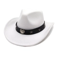 Détail du chapeau de cowboy blanc en feutre avec ruban en cuir et étoiles argentées - Blanc