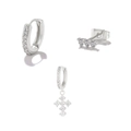 Silver earring set featuring a cross pendant, hoop with stones, and a stud earring - Silver Cross 3-Piece Earring Set (#53)