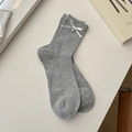 Gray cotton mid-calf socks with white ribbon bows and silver heart charms for women - One Size / Grey with Bell
