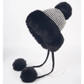 Black and white striped knit plush earflap hat with decorative black fur pompoms - Chic Style Plush Hat / Black