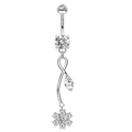 Silver stainless steel belly button ring with six-petal flower zircon pendant charm - Style 9