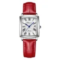 Women's square silver quartz watch with a deep red crocodile texture leather strap - Women's Red - Artistic Style