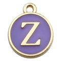 Purple enamel round pendant with golden letter Z for DIY jewelry making - Uppercase Letter Z Style (12661) / 1 Piece (12x14mm) / Purple