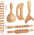 Detailliertes 6-teiliges Holz-Massageset mit Rollern, Gua Sha Brett und Massageseil aus Holz - 6-teilig Holzfarbe