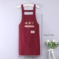 Waterproof burgundy striped cotton apron featuring strawberry embroidery and pockets - Red - Striped Cotton Linen Strap