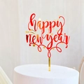 Red Happy New Year acrylic cake topper with gold stars and stick for party decor - Mirror Red Gold Star Happy New Year