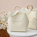 Creamy white wedding candy box with wooden handle and gold foil special text - Wooden Ring Handle / Beige European Style + Champagne Ribbon