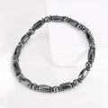 Elastic yoga beaded bracelet with dark grey hematite cylinders and round magnetic beads - Black Irregular