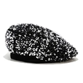 Fashionable black velvet beret for women decorated with shimmering black sequins - M (56-58cm) / Silver