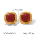 Detail view of red square gemstone earrings with gold frame and size specifications - Red Square Gemstone Gold Stud Earrings (HC-E10947-RD)