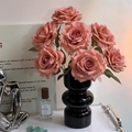 Elegant Morandi pink artificial roses in a black wavy ceramic vase for home decor - Black Glass Vase + Cappuccino Bouquet