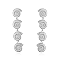 Detail of silver long drop earrings featuring four interconnected spiral seashell charms - Style A (Four Conch) / White Gold