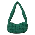 Green quilted cloud bag with puffy grid texture and wide shoulder strap in studio light - Green