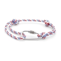 Detail of red white and blue braided RPET rope bracelet with silver carabiner clasp - No. 11 Red White & Blue Woven