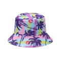 Tropical sunset bucket hat featuring purple palm trees and yellow sun on striped background - M (56-58cm) / Blue Pink Yellow Striped Tropical Sunset (J)