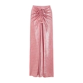 Detail van roze metallic maxi-rok met geplooide taille en verstelbaar trekkoord - Eén maat / Roze wikkelrok