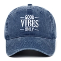 Berretto da baseball vintage in tela lavata blu scuro con ricamo Good Vibes Only - Regolabile / Blu Notte