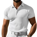 Slim fit white waffle knit polo shirt for men featuring a textured finish and button collar - S / White