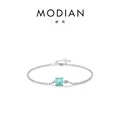 S925 silver beaded bracelet featuring a square turquoise gemstone and adjustable chain - 925 Silver / Silver