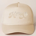 Detail view of Mama embroidered lettering and woven rope on a beige mesh trucker hat - Khaki