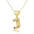 Gold letter J necklace with multi-colored zircons and heart clasp on a box chain - Letter J