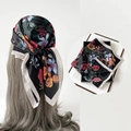 Floral satin silk scarf for women in black base with colorful print, worn and flat view - L7347-Black
